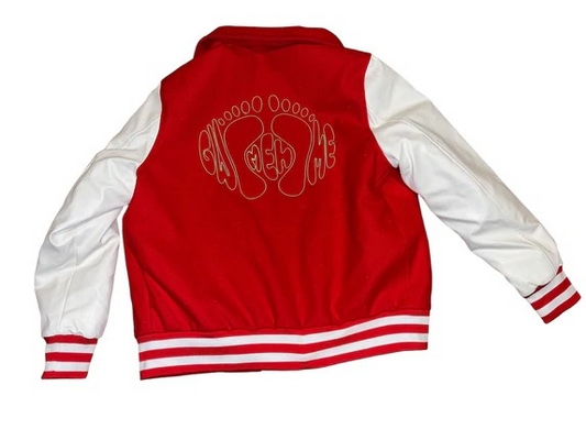 Red, White and neon green varsity jacket