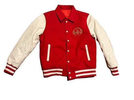 Red, White and neon green varsity jacket